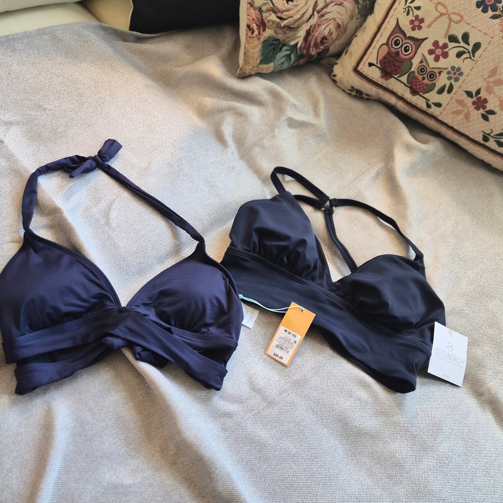 Lot 2 NWT Kona Sol Eco Beach Bikini Tops Womens Medium Navy Blue Halter UPF 50+